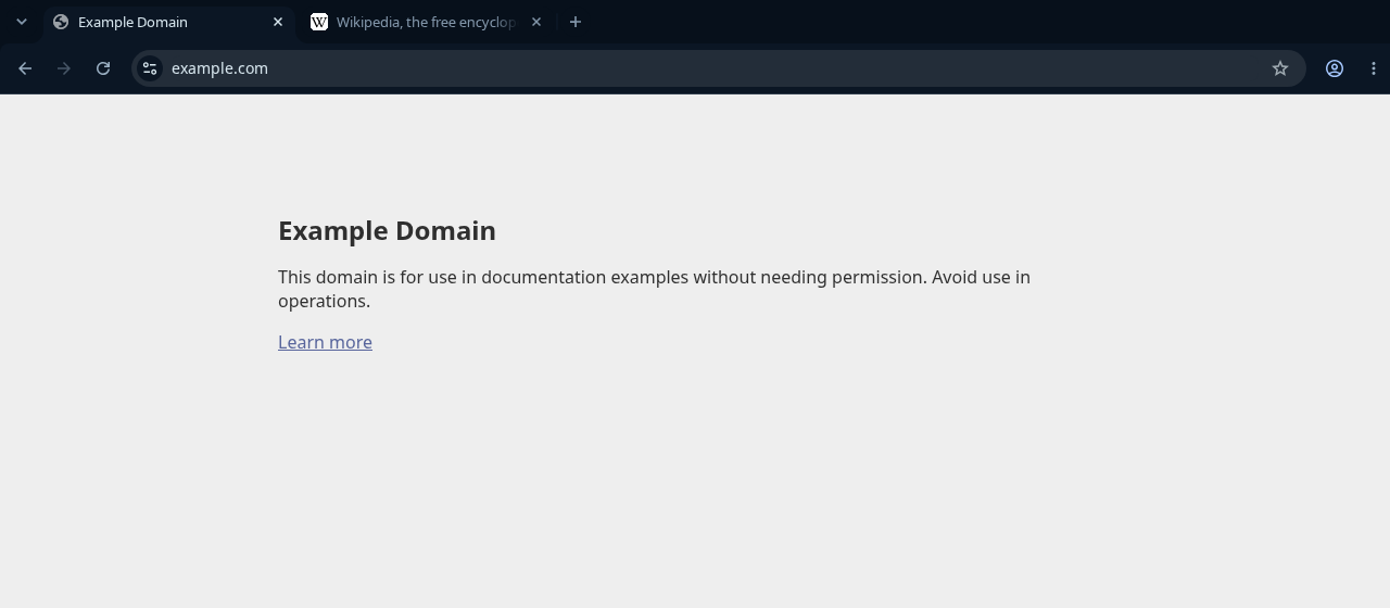 Chromium on Linux with HackerBlue loaded: a navy tab strip with one active tab and one inactive tab, a slightly lighter toolbar with a rounded address bar, above an ordinary light web page.